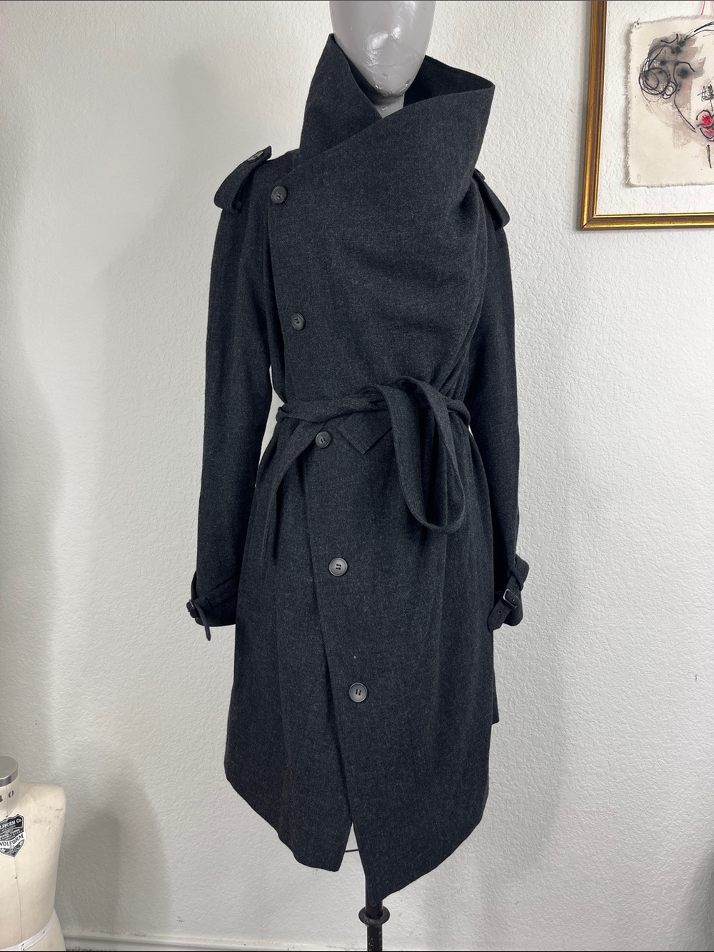All Saints Nahara Asymetrical Cross Front Wool Belted Trench Coat Back Buttons